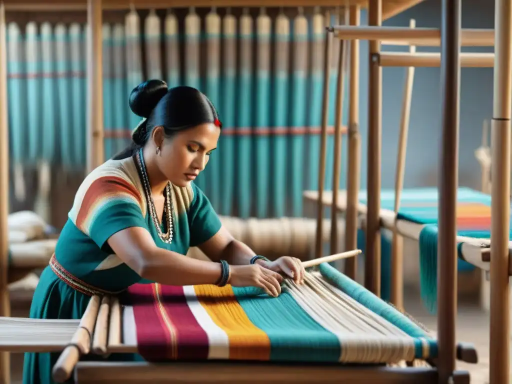 Artistas indígenas tejiendo textiles vibrantes en telares de madera, rodeados de hilos y tintes