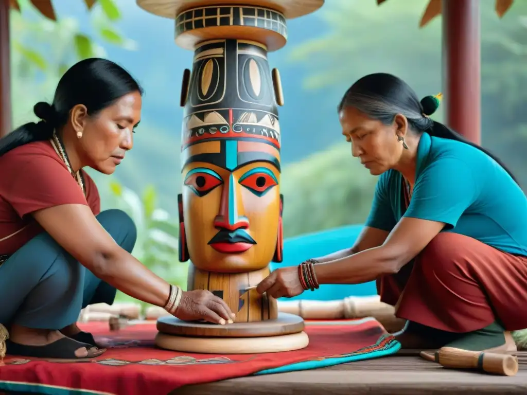 Artistas indígenas tallando totems de madera, rodeados de colores vibrantes