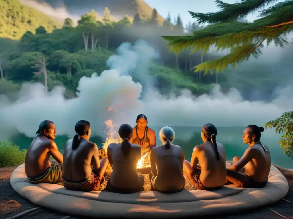 Sabiduría ancestral en la luz del fuego Una asamblea de ancianos indígenas alrededor del fuego, en medio de la naturaleza