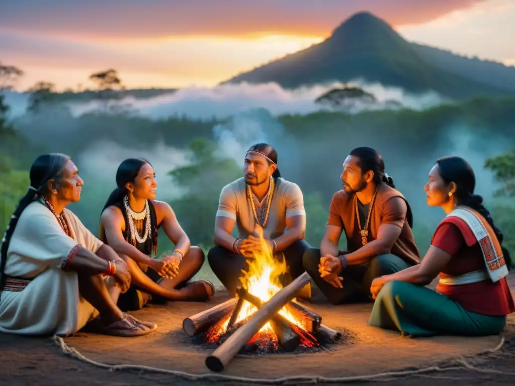 Una asamblea de líderes indígenas alrededor de una fogata, expresando resistencia indígena movimientos sociales en la selva al anochecer