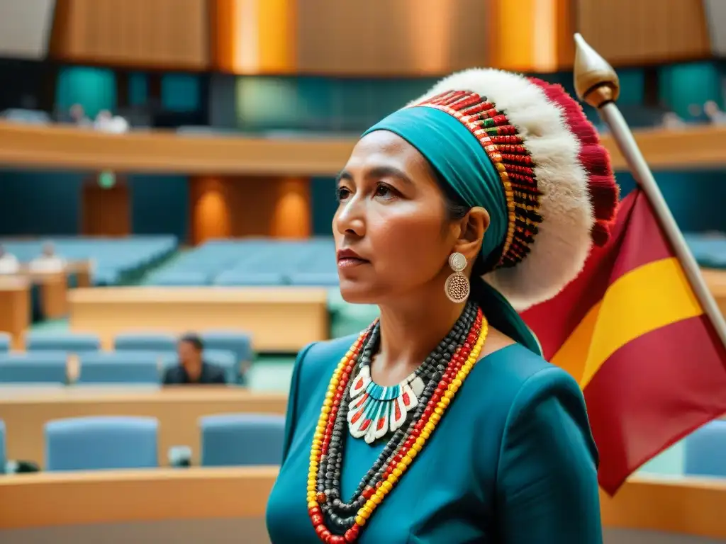 Una asamblea de líderes indígenas de todo el mundo en la ONU, discutiendo con pasión por el reconocimiento internacional de sus derechos