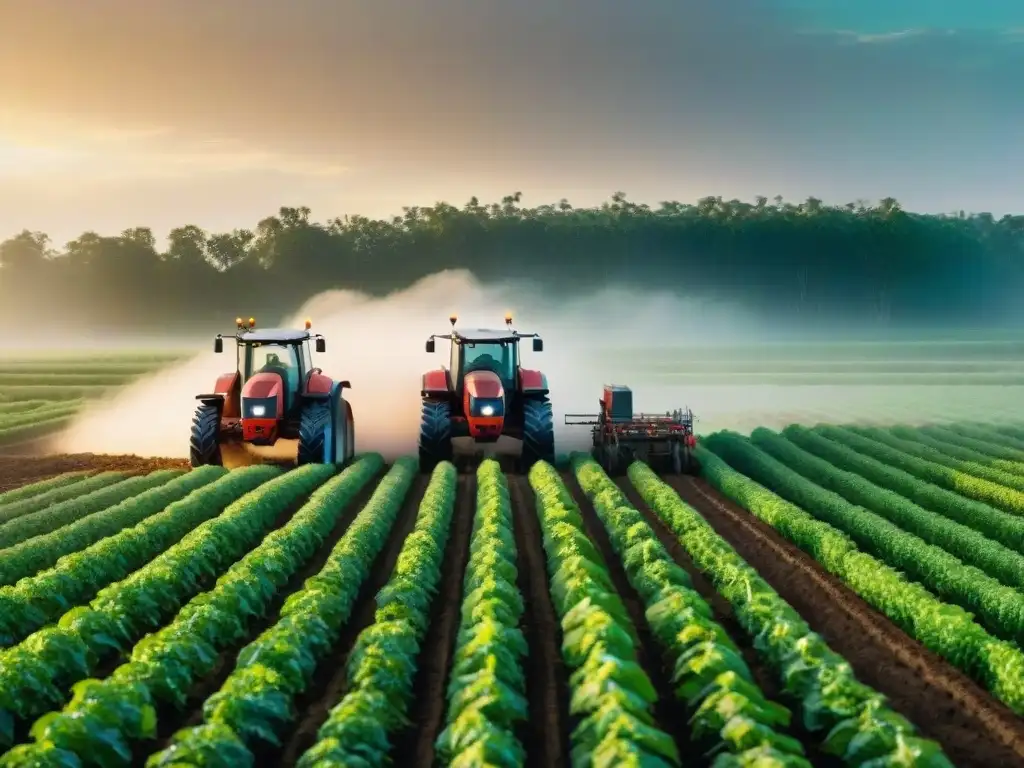 Asistentes tecnológicos para agricultores indígenas trabajando en armonía en un campo verde exuberante