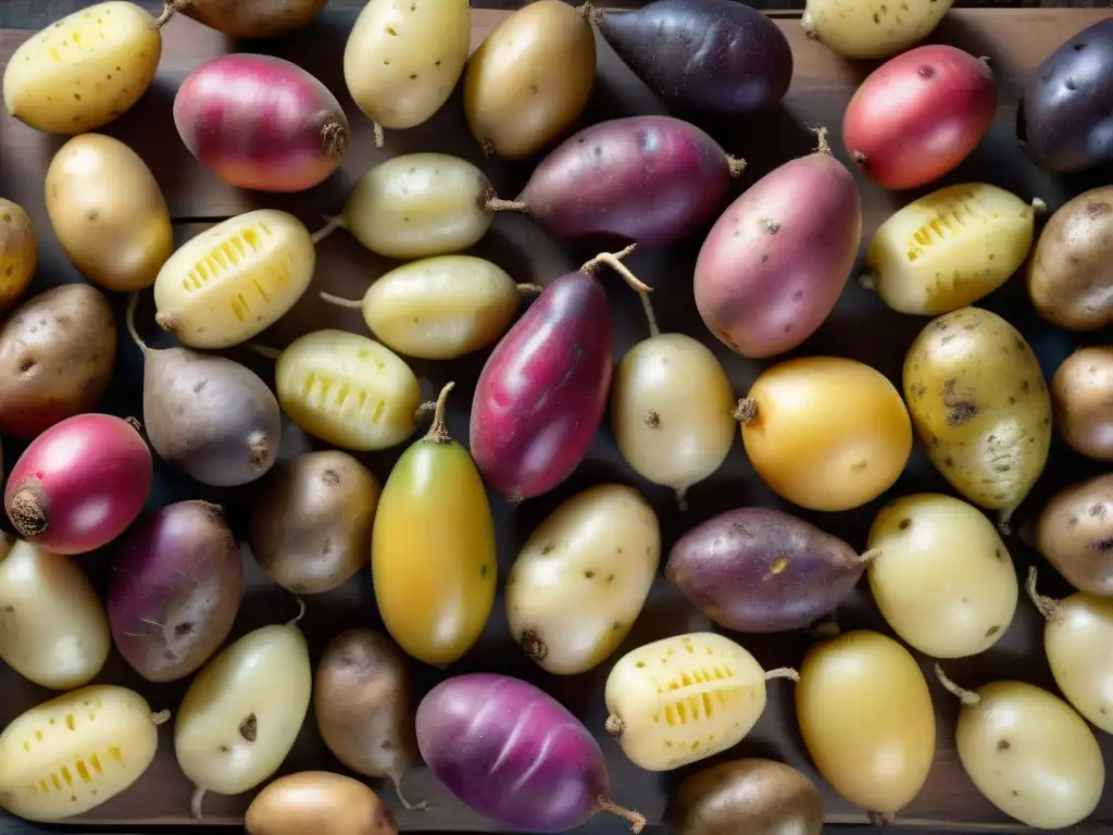 Una asombrosa diversidad de la papa andina en formas, tamaños y colores vibrantes sobre una mesa de madera rústica