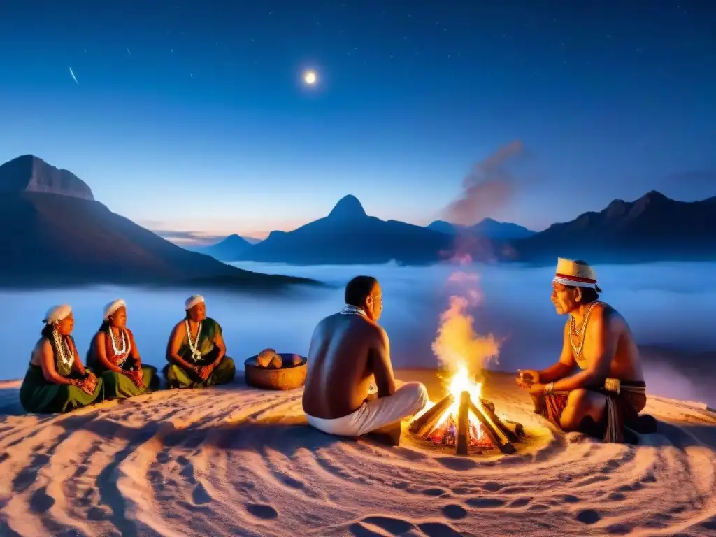 Ritual sagrado de la comunidad indígena bajo la luna Astros en la espiritualidad indígena: Ancianos realizando ritual sagrado bajo la luna y estrellas