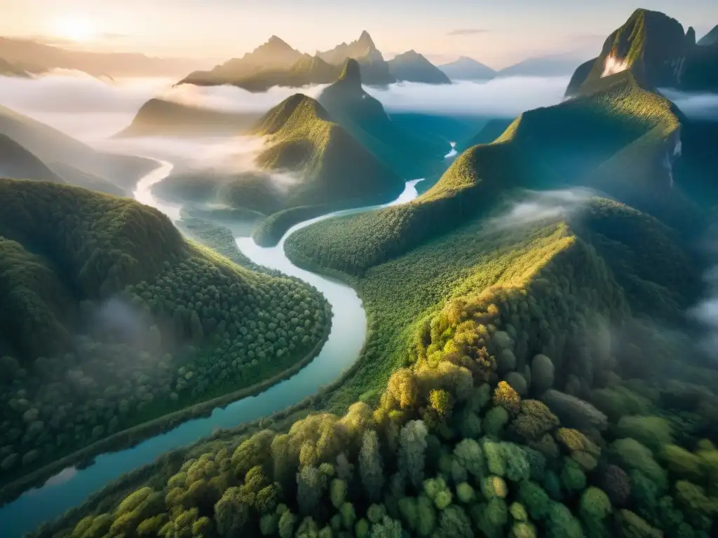 Atardecer dorado sobre bosque verde con río y montañas