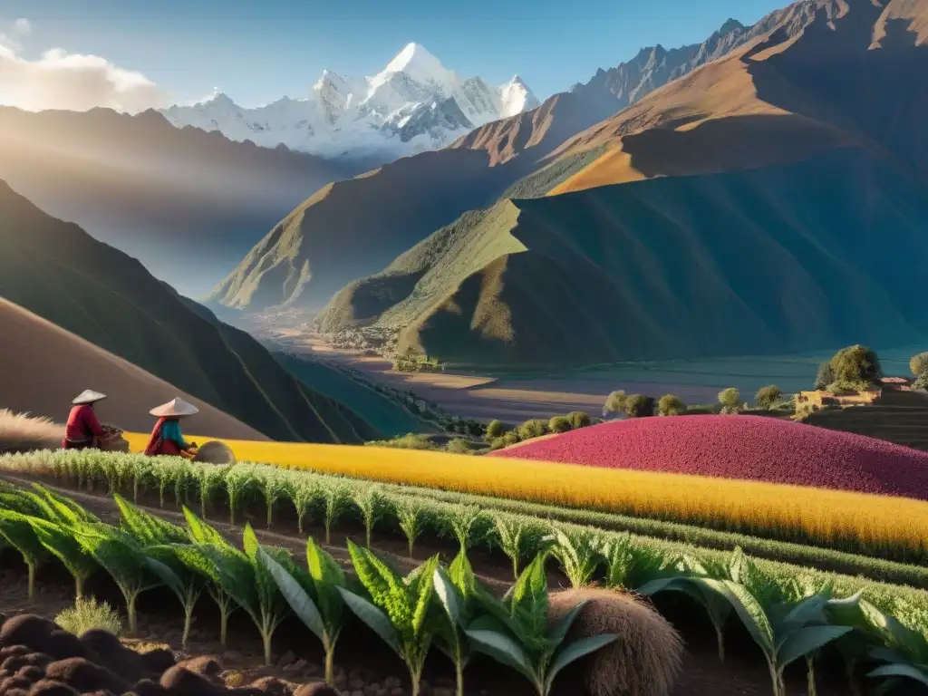 Un atardecer mágico en los Andes con campos de quinua colorida y montañas nevadas