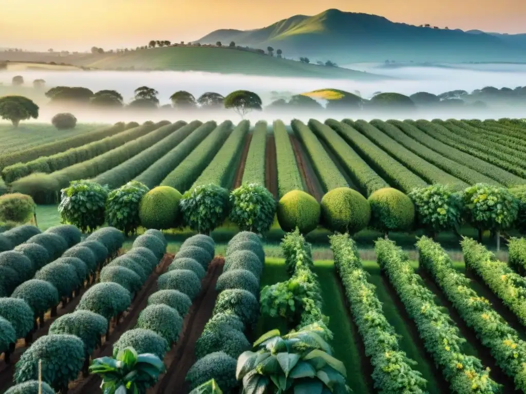 Un atardecer mágico en un huerto de aguacates, con árboles verdes que se extienden hacia el horizonte