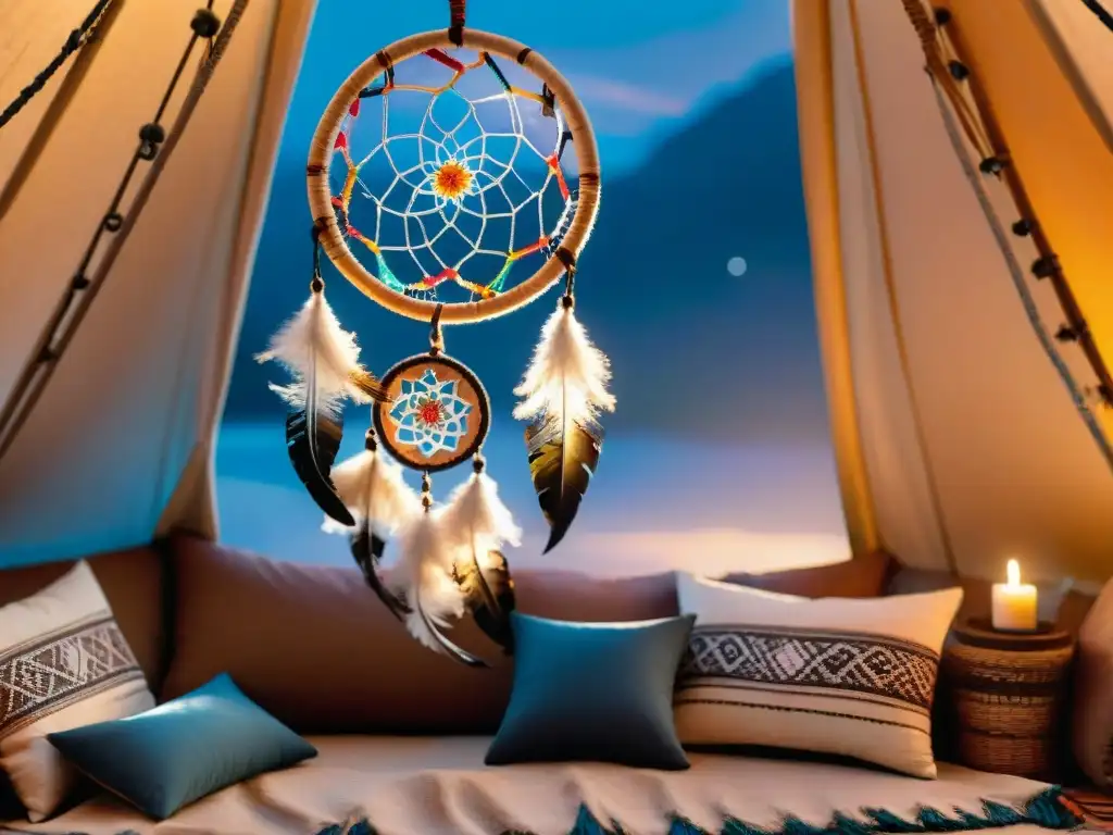 Un atrapasueños vibrante en un teepee tradicional, iluminado por la luna en una noche estrellada