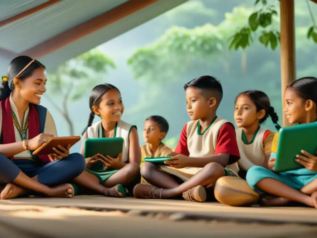 Un aula abierta rodeada de exuberante vegetación, niños indígenas interactúan con videojuegos educativos en tabletas