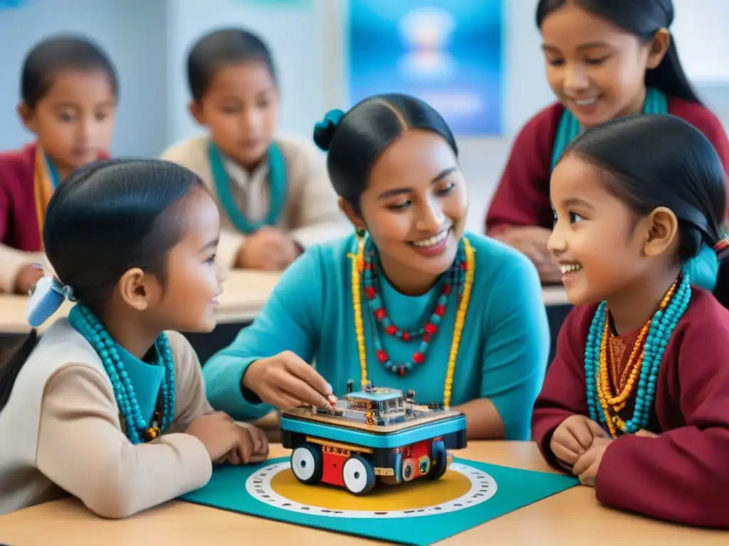 Un aula de escuela indígena donde niños, en trajes tradicionales, exploran kits de robótica educativa rodeados de coloridos carteles sobre tecnología