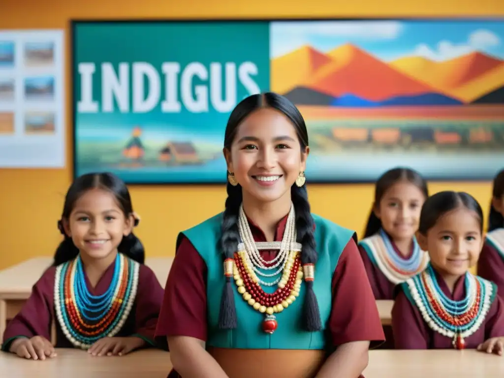 Un aula inclusiva con niños indígenas, disfrutando de una clase de educación bilingüe que integra su herencia cultural