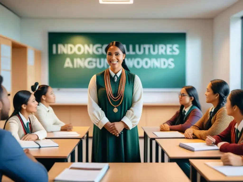 Un aula moderna donde estudiantes indígenas y un profesor no indígena intercambian saberes, fusionando legados educativos