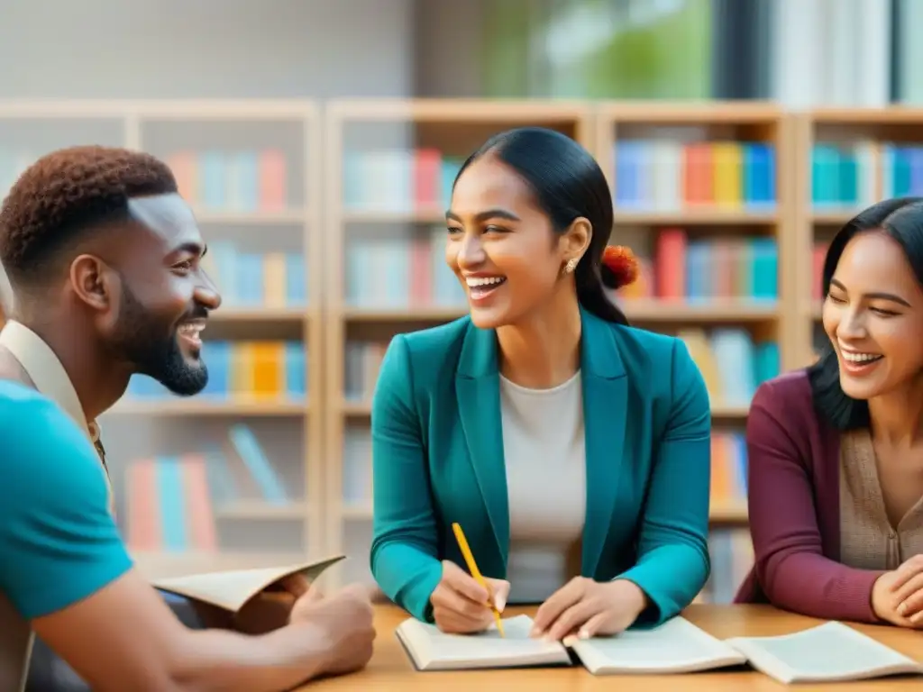 Un aula multicultural vibrante donde se celebra la diversidad lingüística