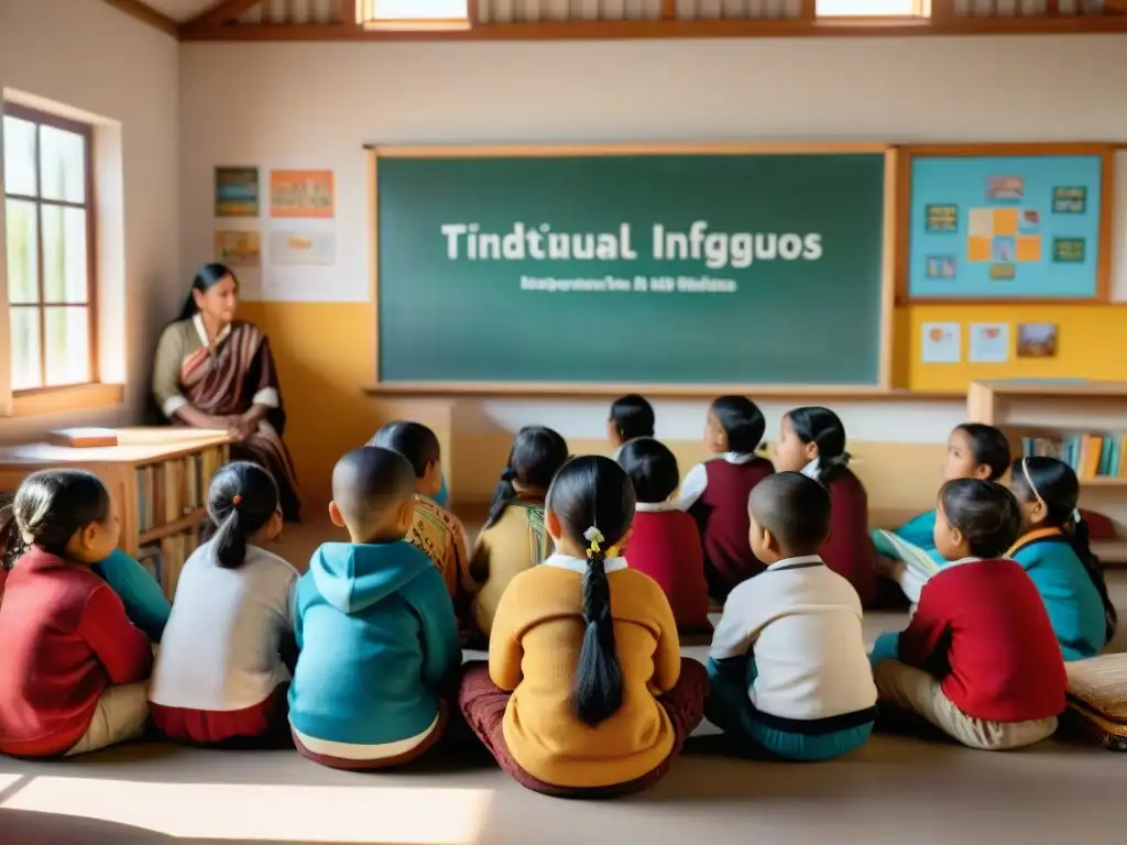 Un aula tradicional llena de color y cultura, donde niños indígenas participan activamente en una clase de educación bilingüe