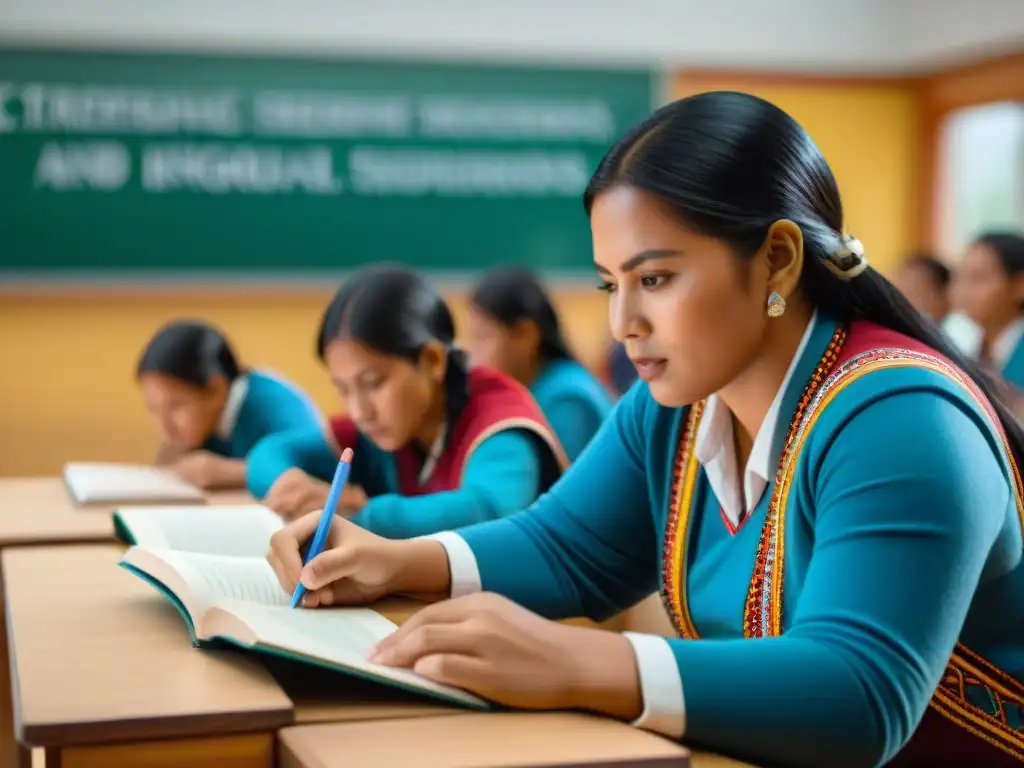 Una aula vibrante de enseñanza bilingüe en escuelas indígenas con estudiantes participativos y diversos, y un educador indígena innovador