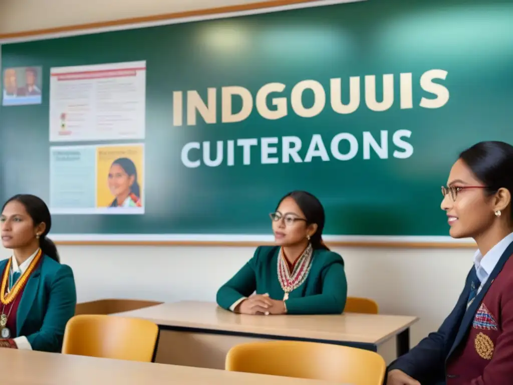 Un aula vibrante con estudiantes indígenas de diversas tribus y regiones, dialogando y aprendiendo sobre 'Lenguas indígenas en sistemas educativos'