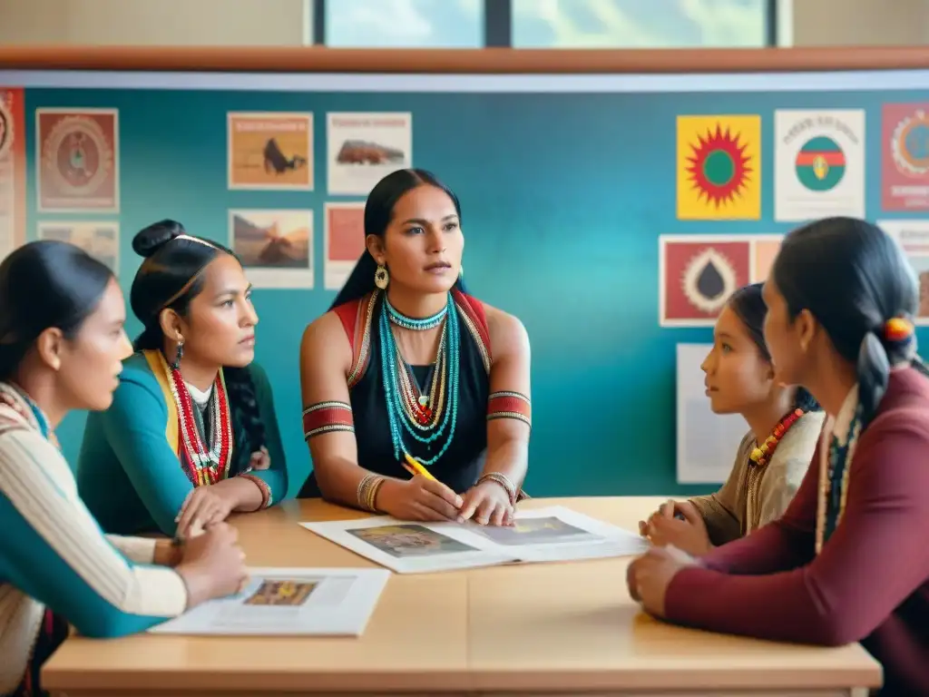 Un aula vibrante con estudiantes indígenas debatiendo sus derechos, rodeados de símbolos culturales y artefactos tradicionales