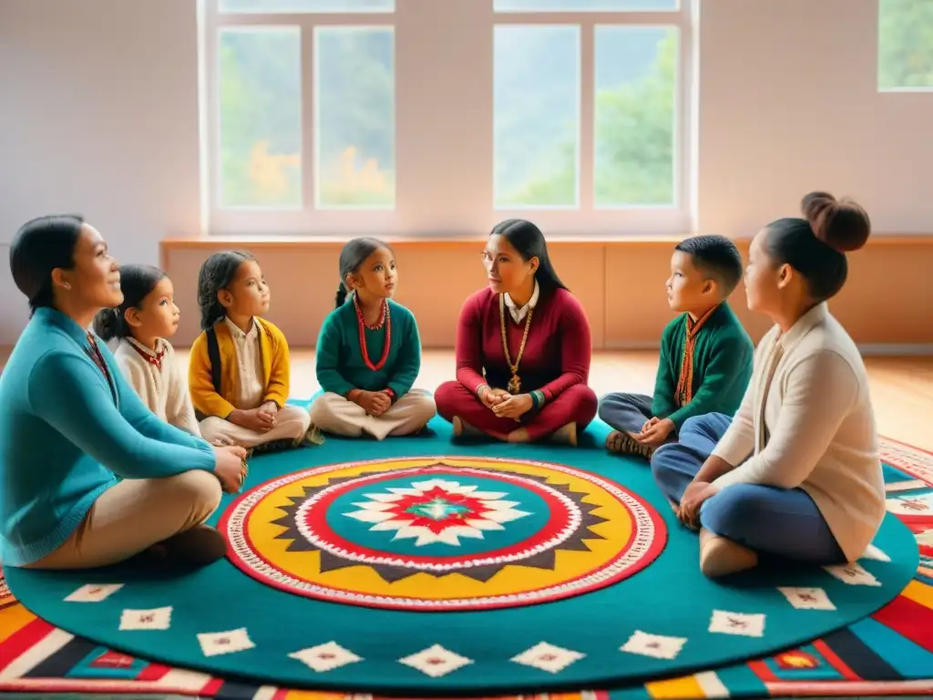 Un aula vibrante de educación bilingüe para preservación de identidad indígena, con niños y maestra en círculo