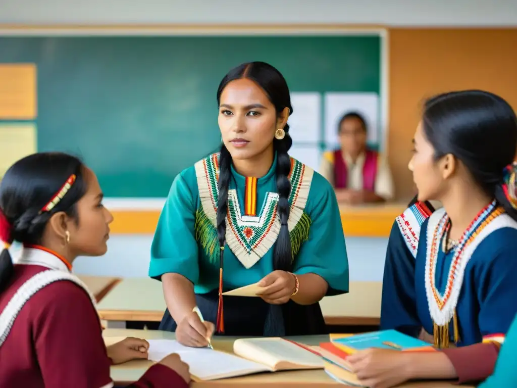 Un aula vibrante con educación bilingüe para indígenas, donde alumnos participan en una animada discusión