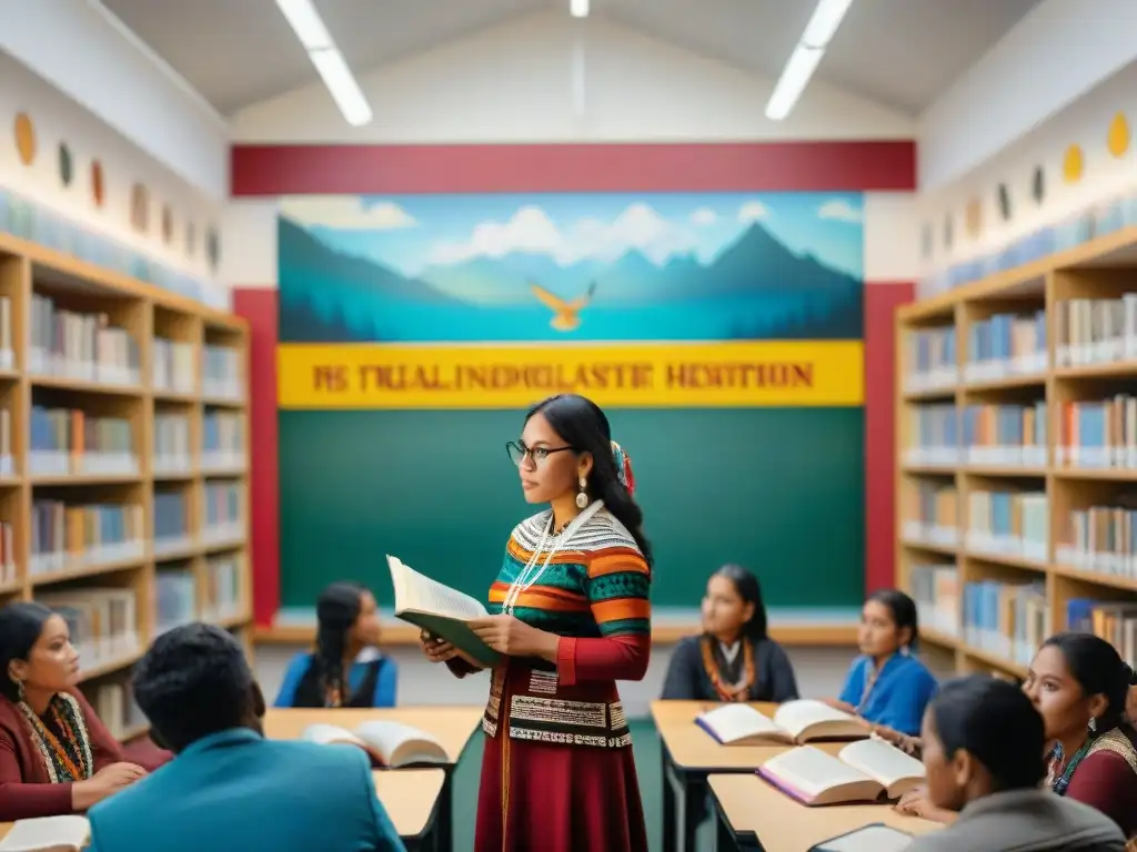 Un aula vibrante de Literatura indígena, con estudiantes y profesor inmersos en la lectura de textos tradicionales