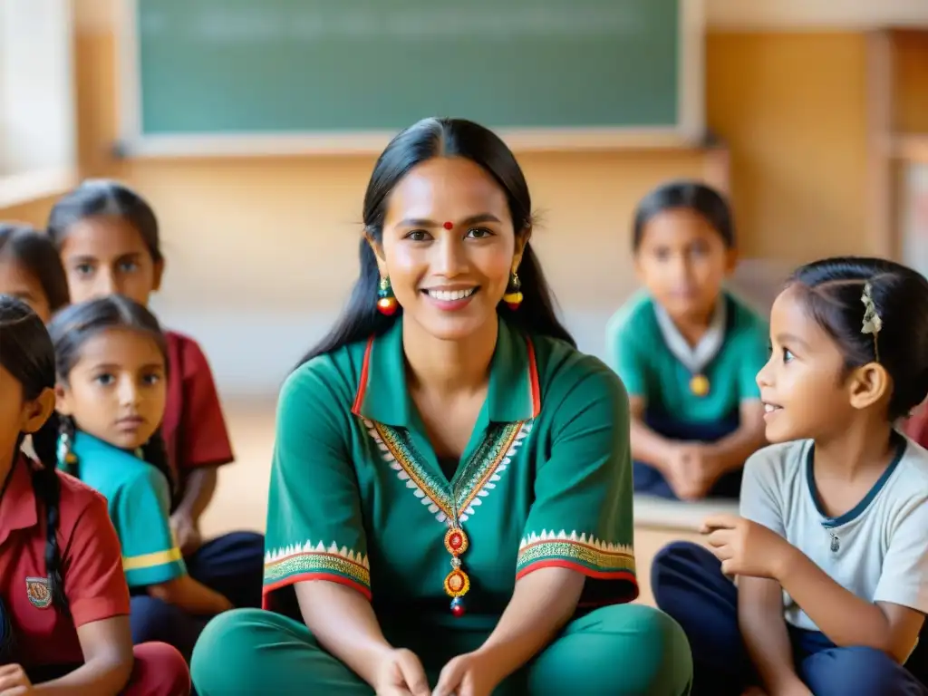 Un aula vibrante con niños indígenas aprendiendo en un programa bilingüe, fomentando la cultura y el conocimiento