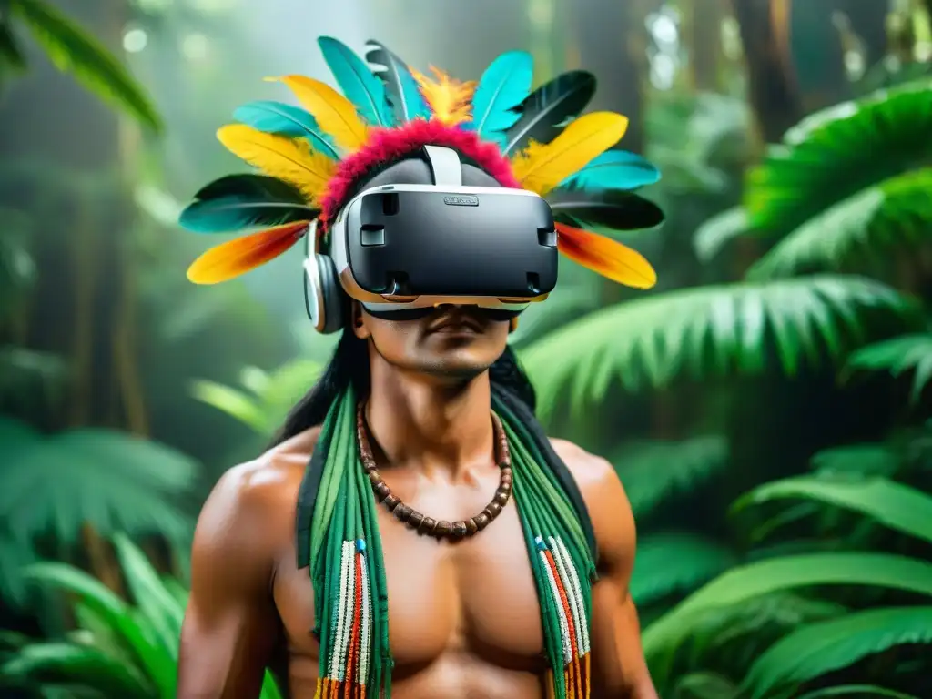 Indígena usando auriculares de realidad virtual, inmerso en rituales indígenas en la selva