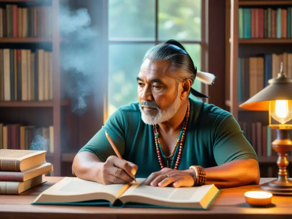 Un autor indígena contemporáneo escribiendo con pluma en un escritorio de madera, rodeado de libros y arte indígena