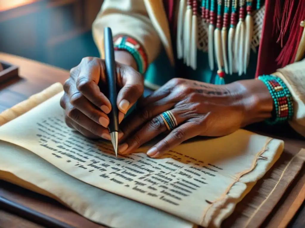 Un autor indígena elabora con delicadeza palabras en pergamino con una pluma de tinta tradicional