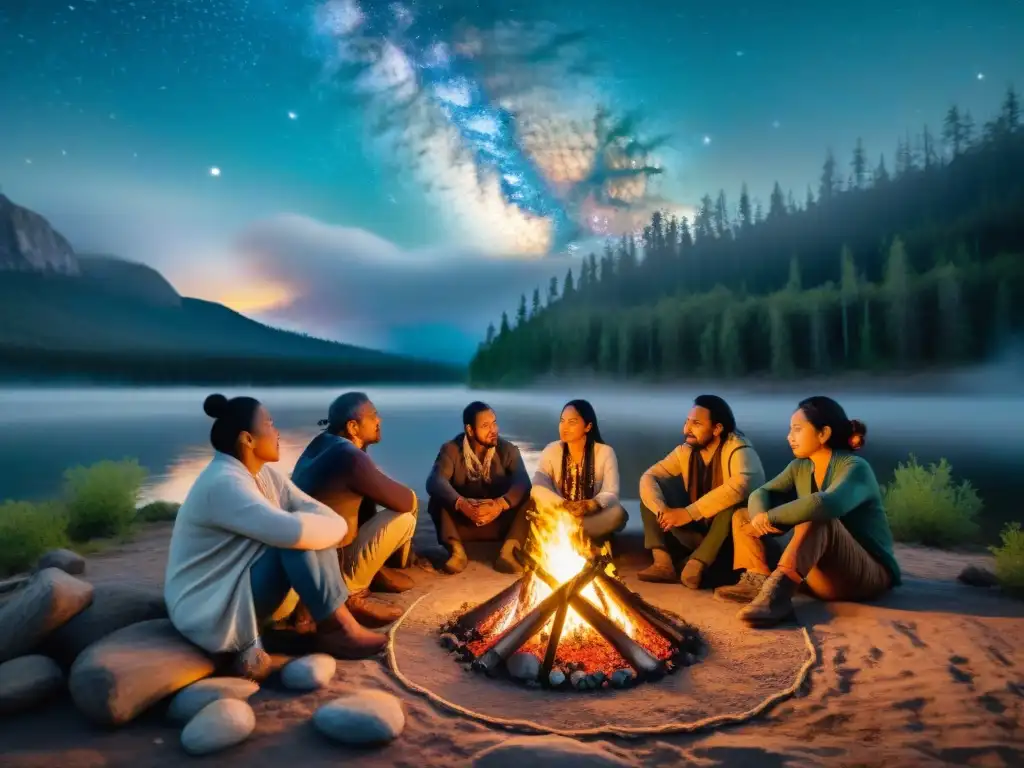 Autores indígenas comparten sabiduría ancestral alrededor del fuego Autores indígenas exiliados comparten historias alrededor de fogata en el bosque, expresando resiliencia y sabiduría ancestral