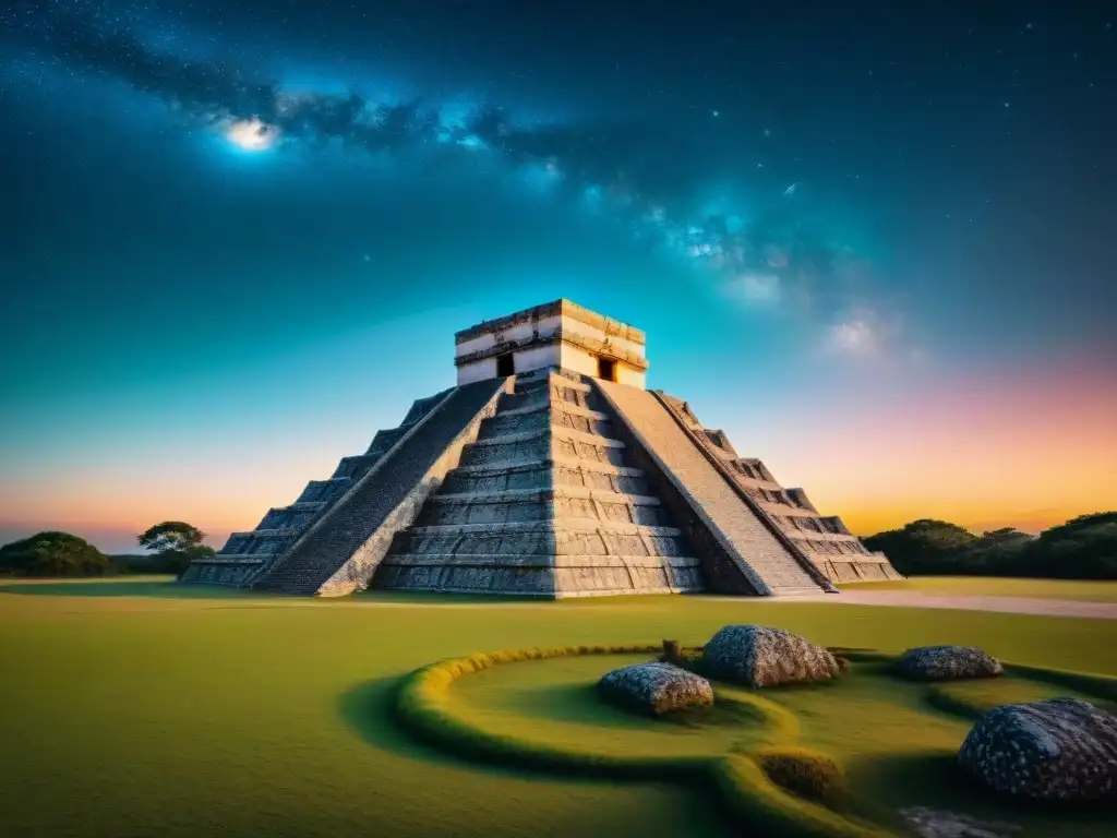 Avances astronómicos mayas desaparición: Observatorio maya detallado iluminado por antorchas bajo un cielo estrellado