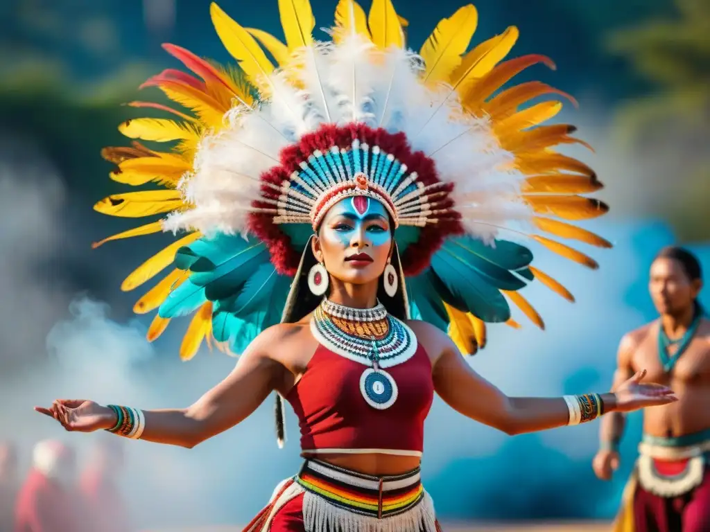 Un bailarín indígena en plena ceremonia, con plumas y pintura corporal, conectando con lo espiritual a través de la danza