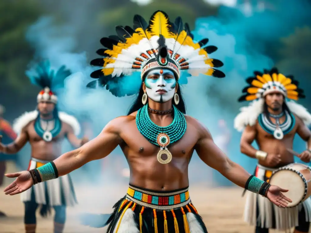 Un bailarín indígena tradicional ejecuta la danza de la serpiente con reverencia, rodeado de músicos y colores vibrantes