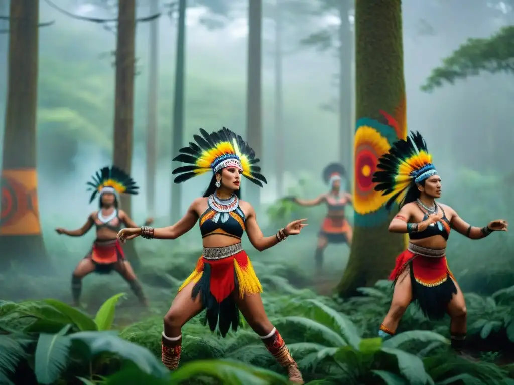 Un baile indígena vibrante en la selva, con atuendos tradicionales, plumas y pintura corporal, mostrando preservación danzas tradicionales indígenas