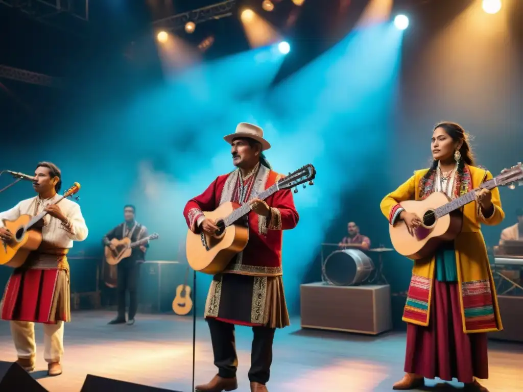 Una banda de música andina contemporánea fusionada tocando en un escenario con luces vibrantes y vestimenta tradicional y moderna