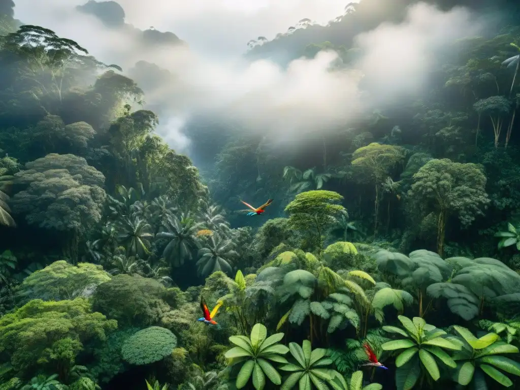 Un bosque amazónico exuberante con tribu indígena recolectando plantas