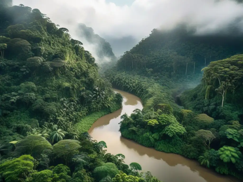 Un bosque amazónico exuberante con vegetación vibrante y un río serpenteante