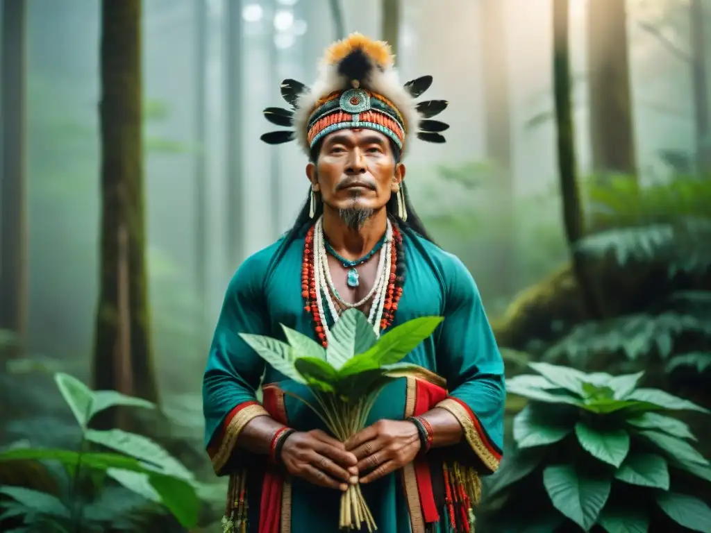 Shamán en bosque denso con plantas rituales