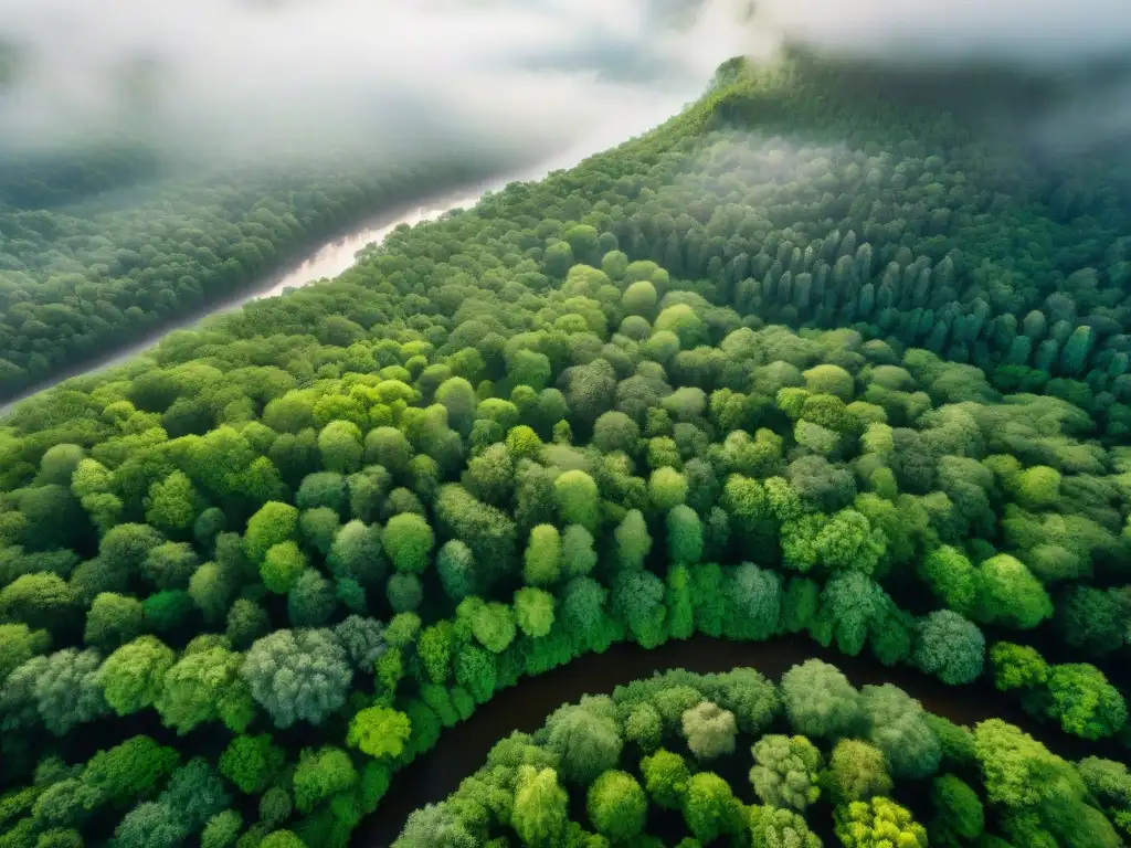 Un bosque exuberante y biodiverso, con un río serpenteante, donde la luz del sol juega entre las hojas