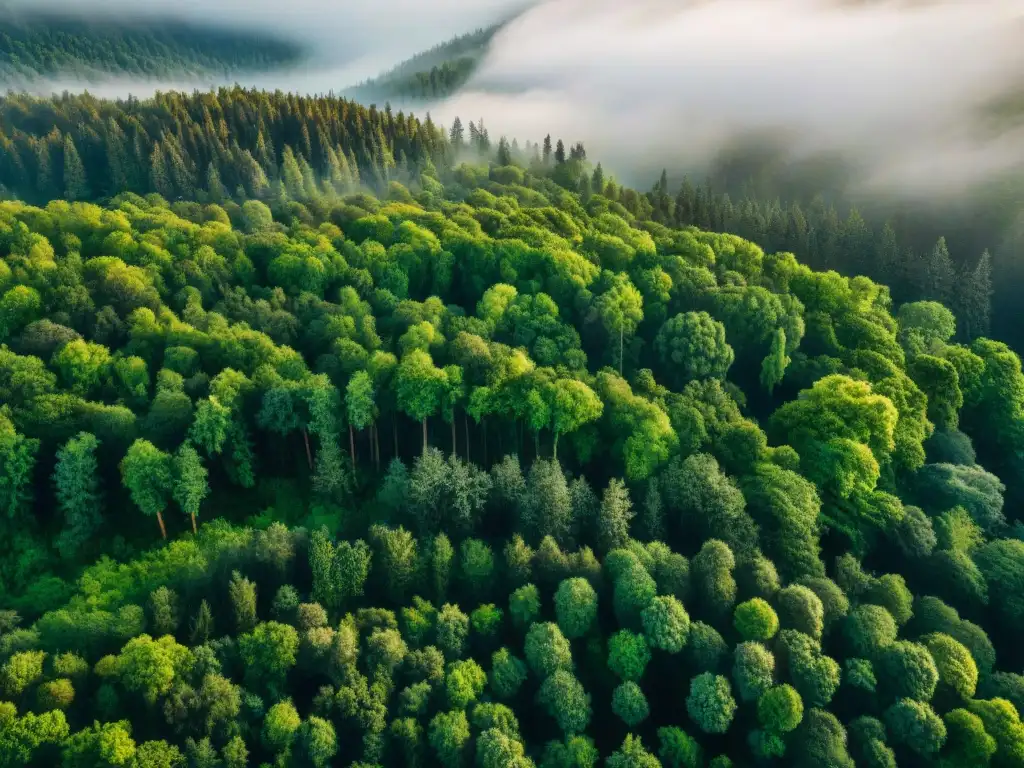 Un bosque exuberante y extenso desde el aire, con un juego de luces y sombras