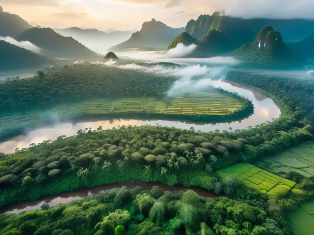 Un bosque exuberante con un río serpenteante, una aldea indígena y vastas tierras