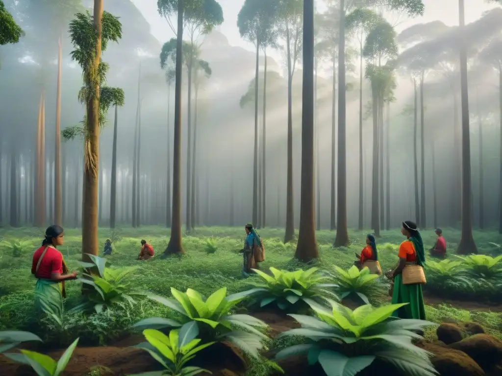 Un bosque indígena exuberante, con árboles altos y densa vegetación, donde indígenas plantan árboles