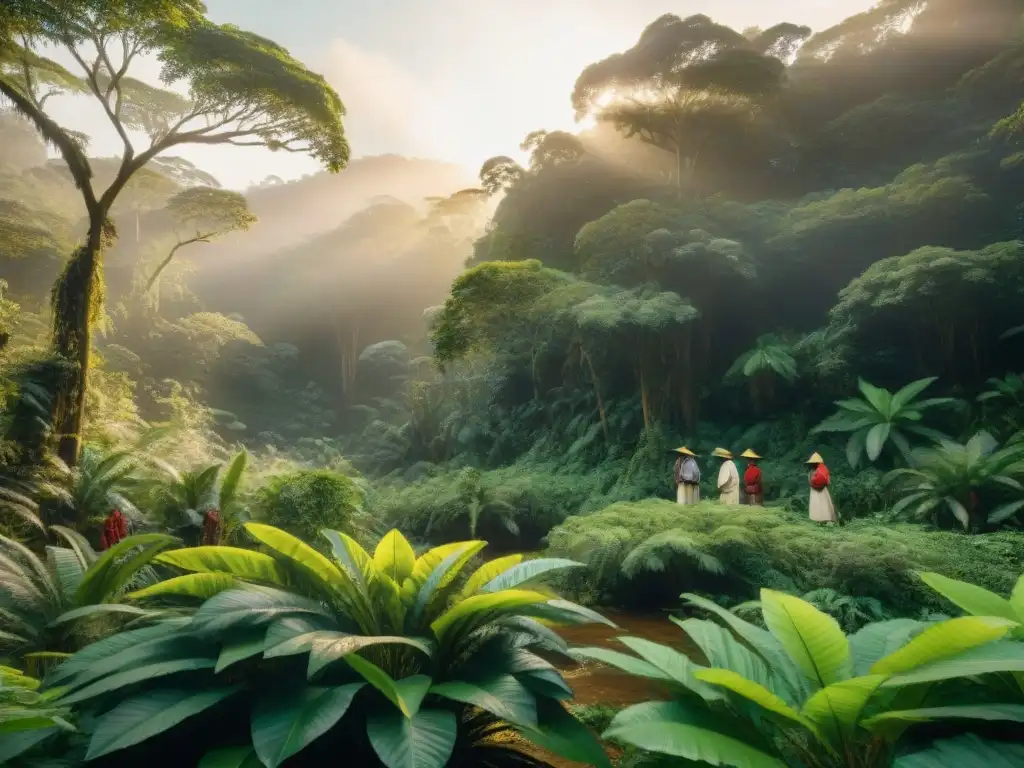 Un bosque lluvioso exuberante donde ancianos indígenas cosechan plantas medicinales con sabiduría ancestral