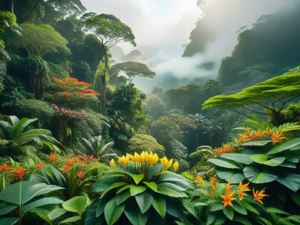 Armonía ancestral en la selva: vida, colores y diálogo Un bosque lluvioso exuberante y diverso, donde la comunidad indígena dialoga en armonía con la naturaleza