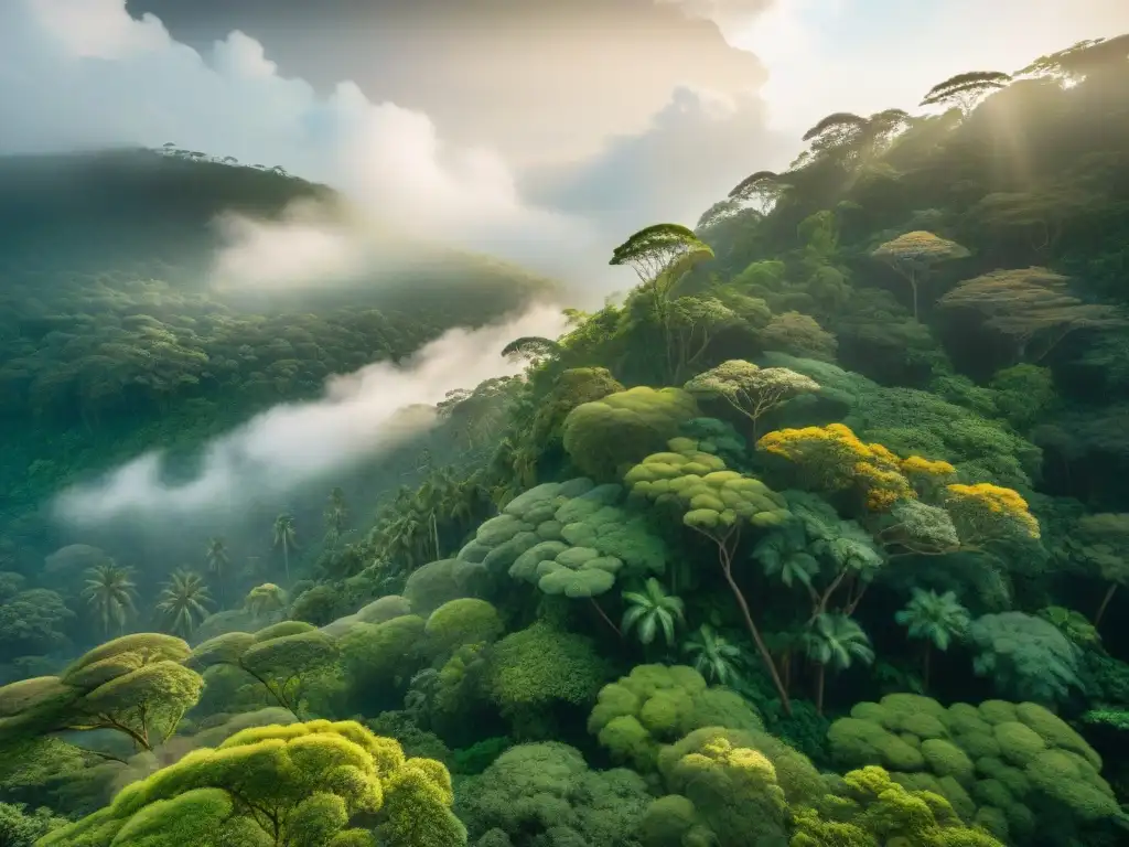 Esplendor verde: la selva en armonía con la luz del sol Un bosque lluvioso exuberante con rayos de sol entre las hojas, mostrando la espiritualidad indígena y la crisis climática