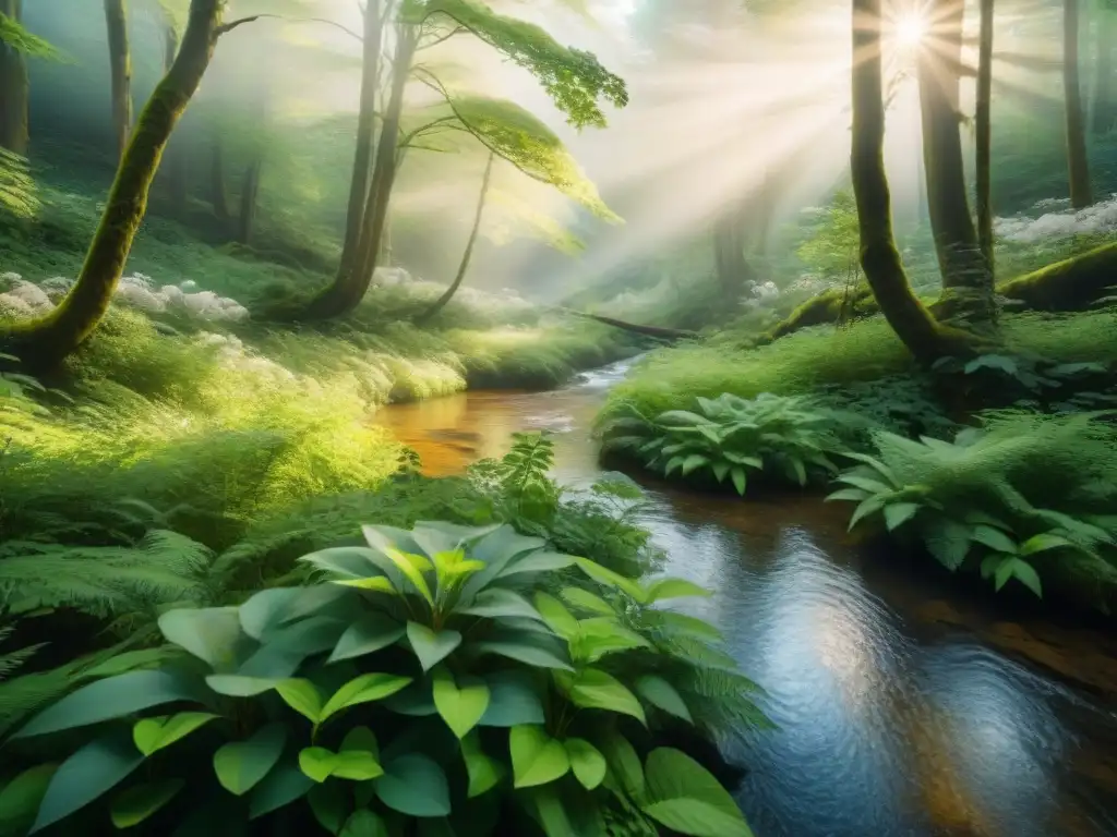 Un bosque sereno con árboles frondosos, un arroyo cristalino y plantas autóctonas