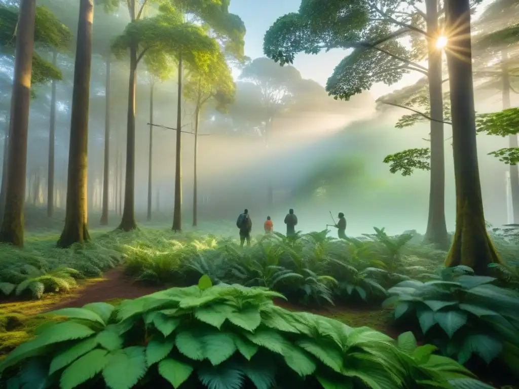 Un bosque sereno al amanecer donde creadores indígenas elaboran arte inspirados en la naturaleza