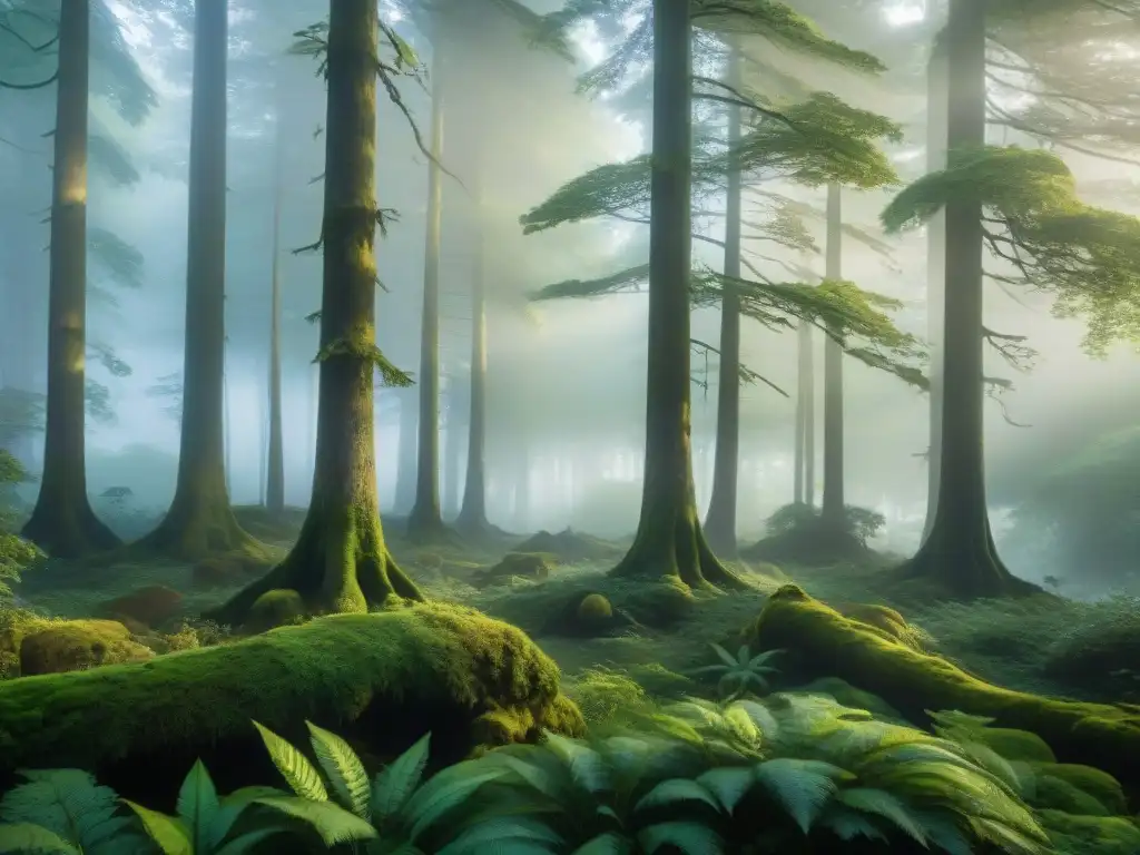 Escena boscosa al amanecer: luz dorada entre la niebla Un bosque tranquilo al amanecer, con la luz del sol filtrándose entre la densa vegetación