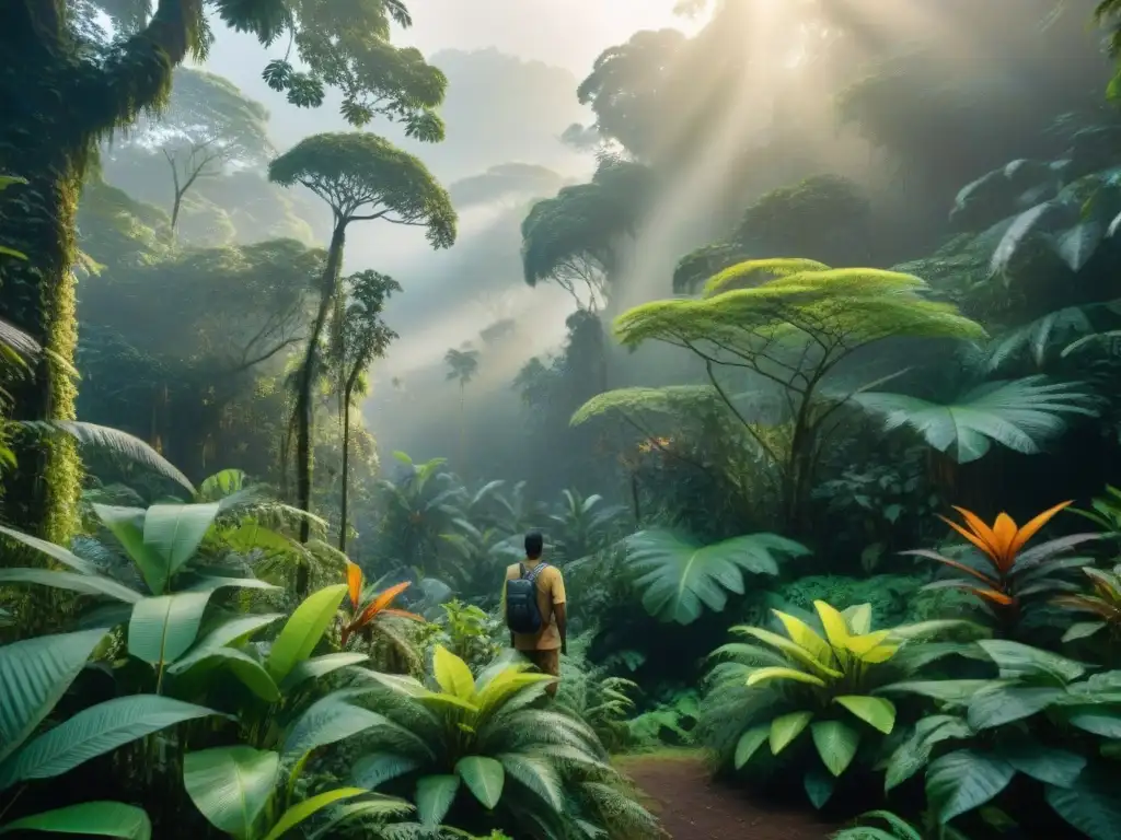 Un bosque tropical exuberante al amanecer, con vida silvestre vibrante y una figura indígena en reverencia