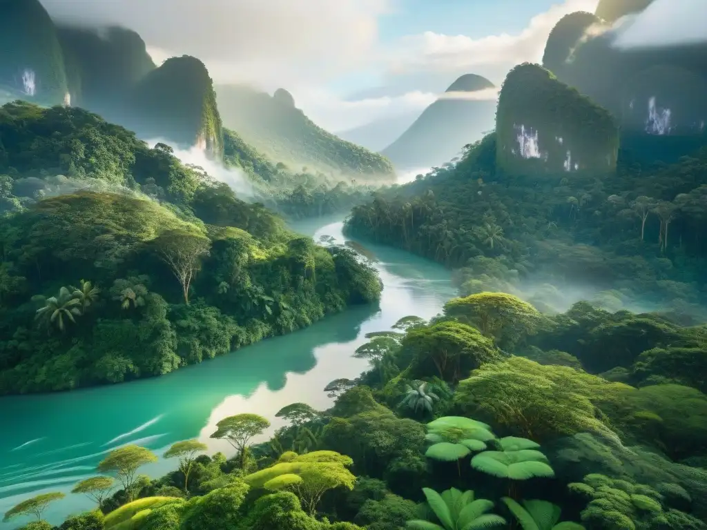 Un bosque tropical exuberante con árboles antiguos, luz dorada filtrándose entre el dosel y un río cristalino reflejando la flora