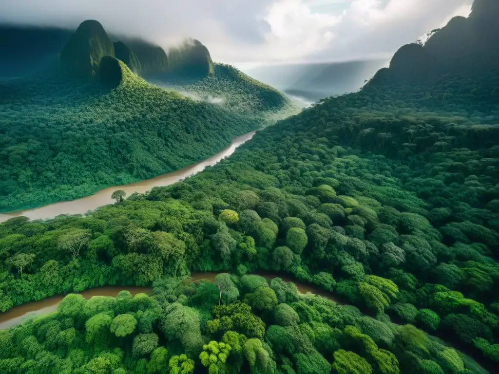 Un bosque tropical exuberante se extiende sin fin, con ríos serpenteando y una comunidad indígena en armonía